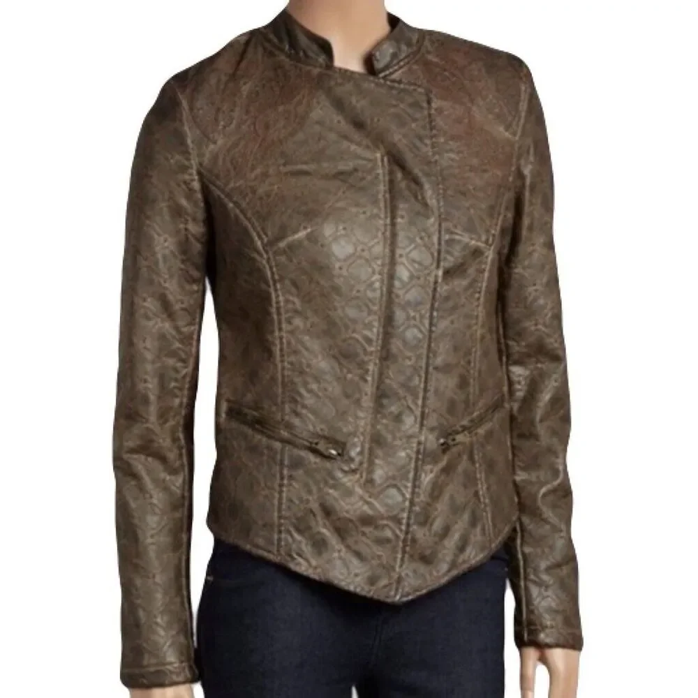 NEW Allen Schwartz Womens Small Lattice Embroidered Brown Faux Leather Jacket